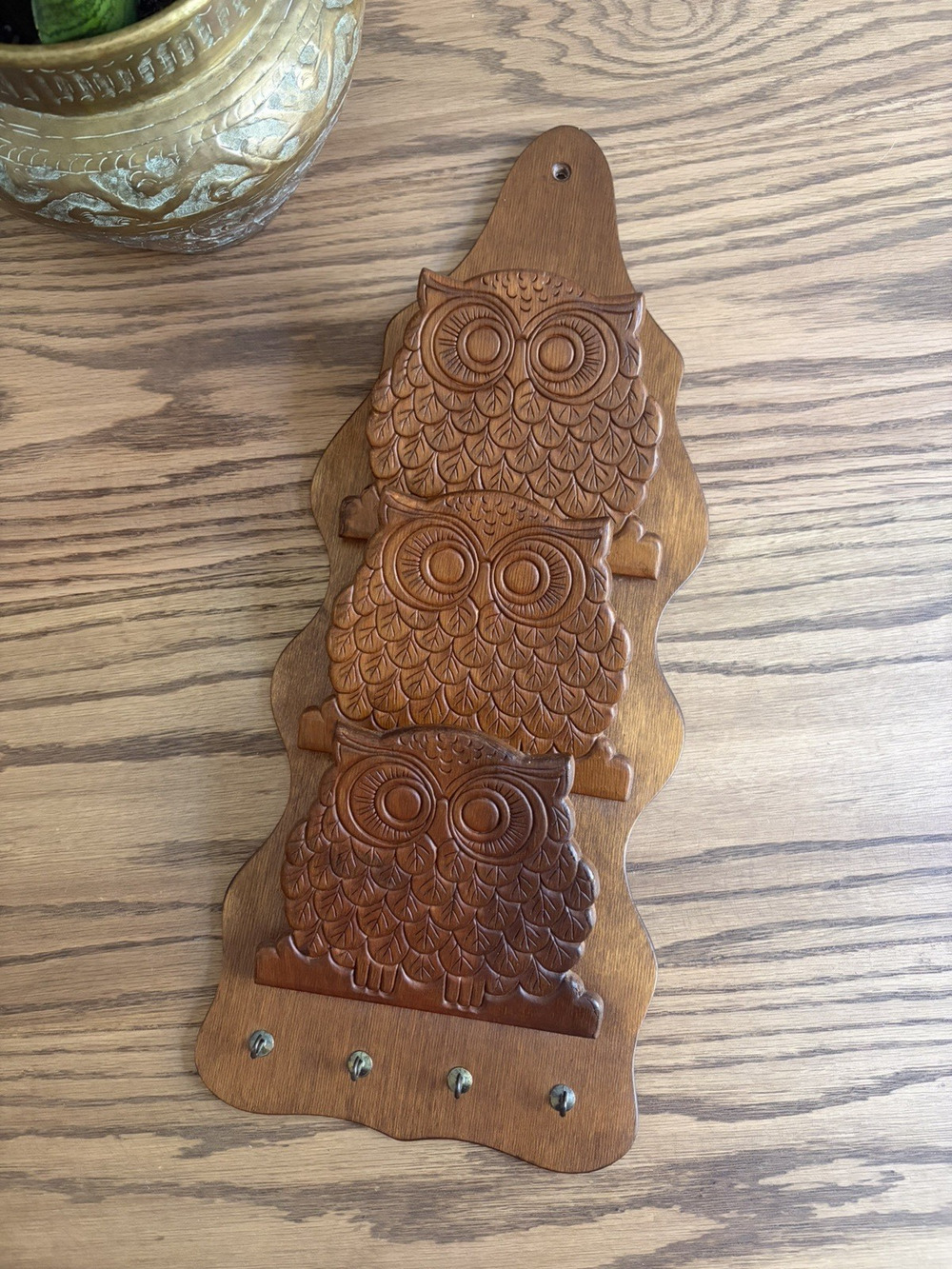 Vintage 1970s Midcentury Wood Owl Mail Holder with Key Hooks